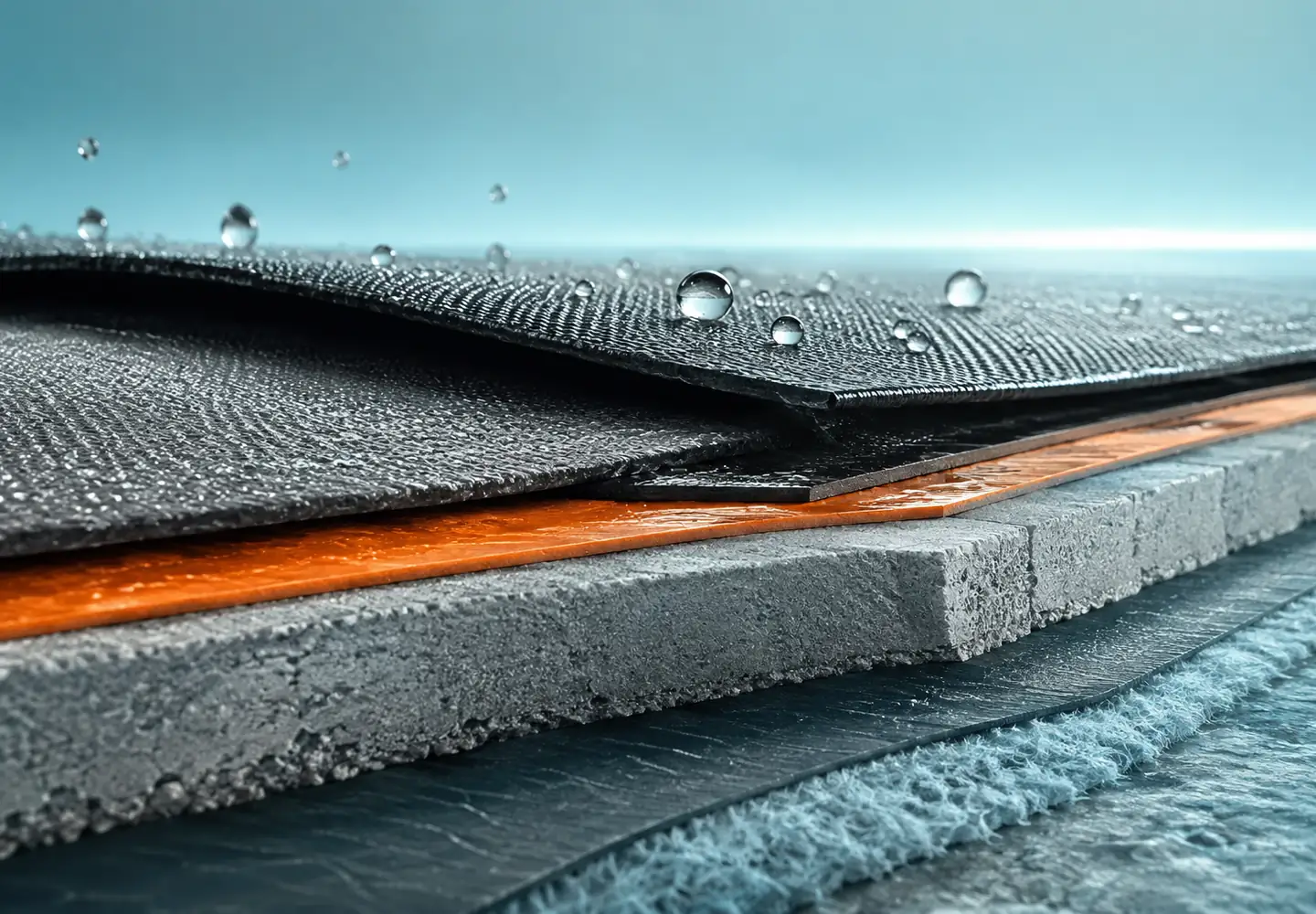 Macrosección de membranas protectoras, mortero y fibras con gotas de agua sobre la capa superior
